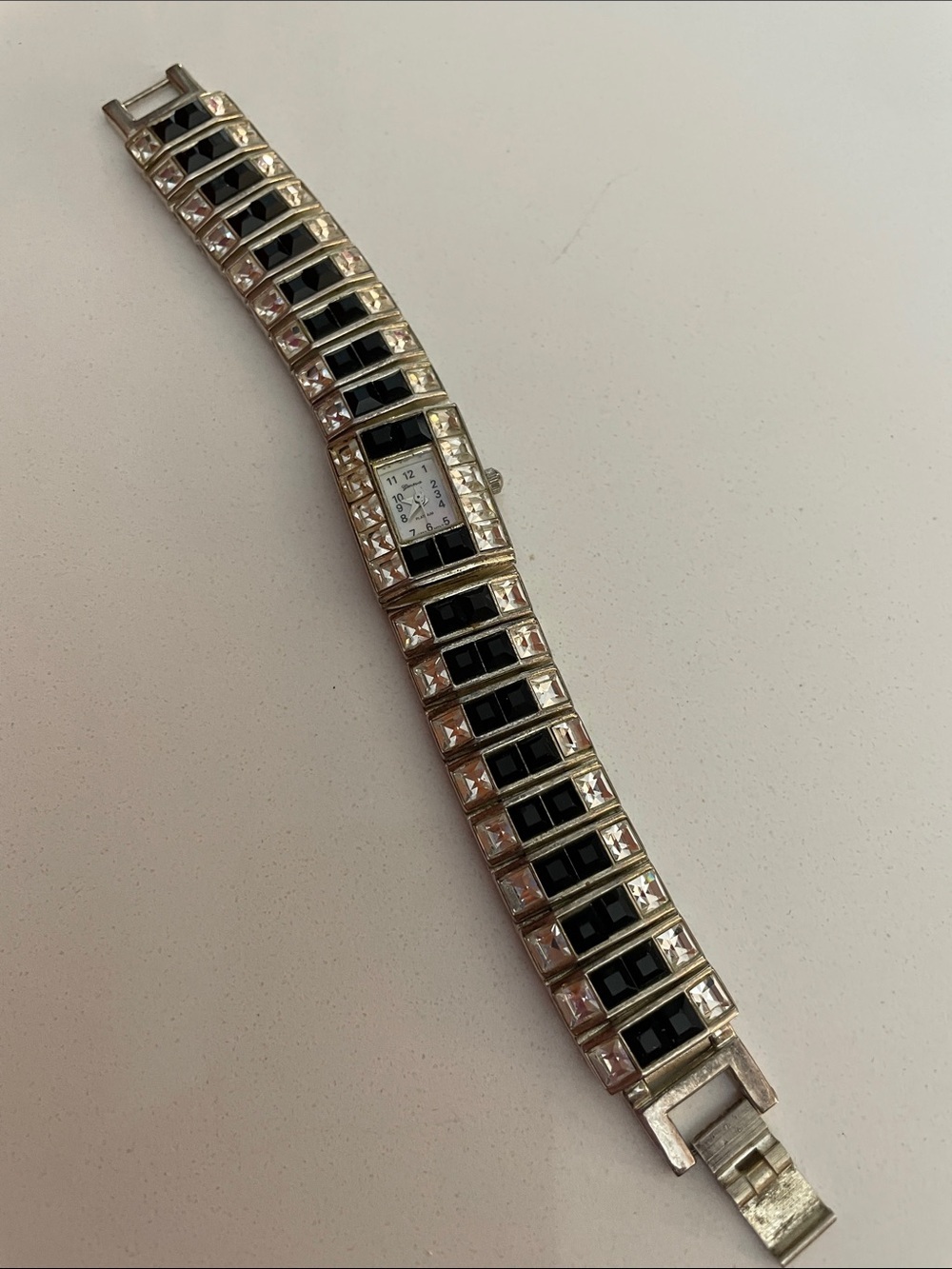 Geneva Platinum Vintage Silver Bracelet Watch with Black Accents